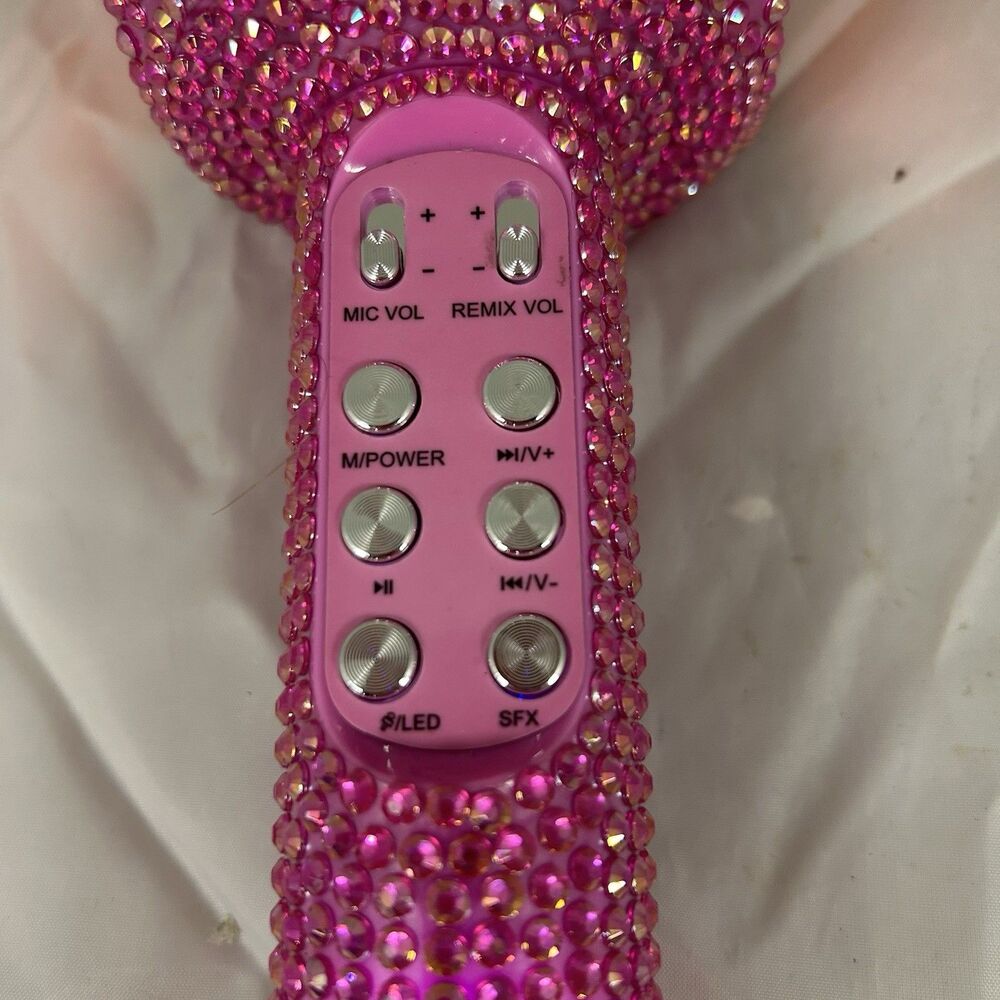 Pink Rhinestone Bluetooth Karaoke Microphone Speaker LED Lights Wireless - Picture 2 of 8